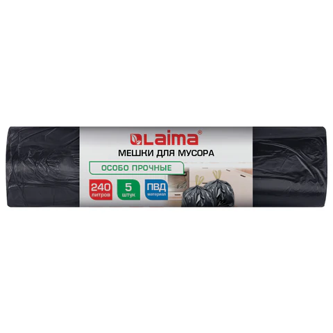 Мешки для мусора с завязками 360 л, черные, в пласте 10 штук, особо прочные, ПВД 60 мкм, 110x140 см, LAIMA, 702686