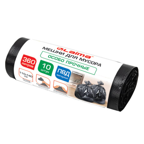 Мешки для мусора 360 л, черные в пласте 10 штук особо прочные, ПВД 60 мкм, 110x140 см, LAIMA, 702687