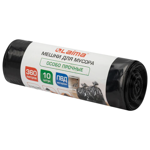 Мешки для мусора 360 л, черные в рулоне, 10 штук, особо прочные, ПВД 60 мкм, 110x140 см, LAIMA, 702687