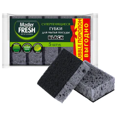 Губки для посуды 9,5х6,5 см XXL, КОМПЛЕКТ 5 шт., bubble-поролон, черные, Master FRESH