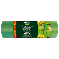 Мешки для мусора 60 л, с завязками, 70х60 см, XL, зеленые, 14 мкм, 15 шт., Master FRESH