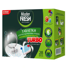 Таблетки для посудомоечных машин 28 шт., MASTER FRESH 9 в 1 TURBO, растворимая оболочка