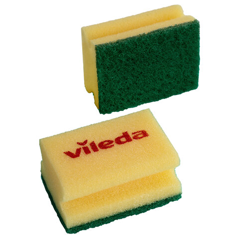 Губки VILEDA PROFESSIONAL профильные "Средняя жесткость" КОМПЛЕКТ 10 шт., желтые, ЗЕЛЕНЫЙ абразив, 9,5х7х4,5 см, 125604