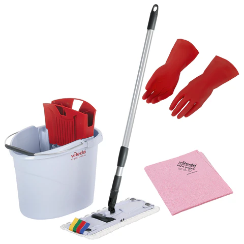 Швабра с отжимом и ведром 10 л + черенок КОМПЛЕКТ, салфетки, перчатки, "СпидМини" VILEDA PROFESSIONAL, красный, 143567