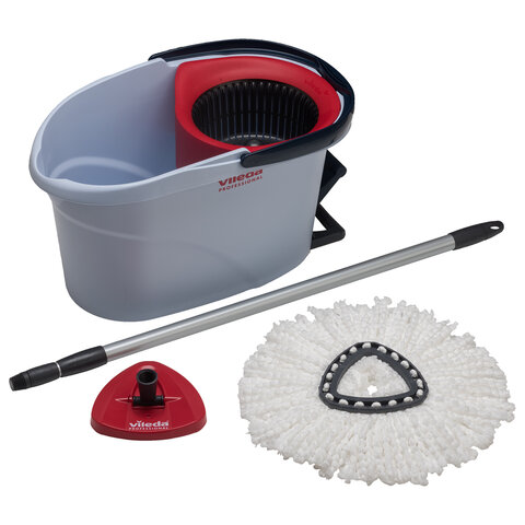 Швабра с отжимом и ведром 10л VILEDA PROFESSIONAL "УльтраСПИН Мини", КОМПЛЕКТ с телескопич. ЧЕРЕНКОМ 84-144 см, насадкой, красный, 158011