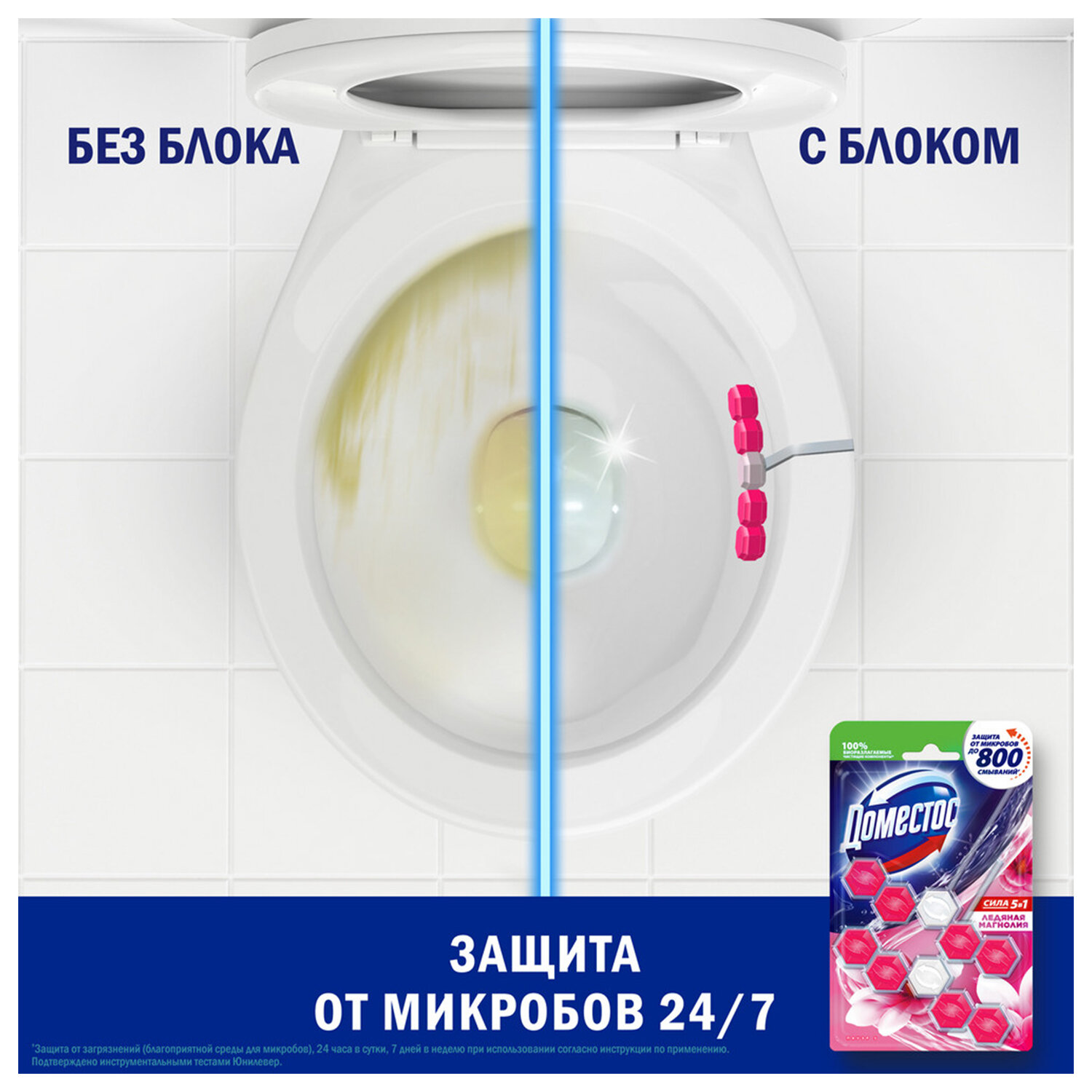 Блок туалетный подвесной твердый 2×55 г, ДОМЕСТОС Сила 5 в 1 «Ледяная магнолия» — фото 6