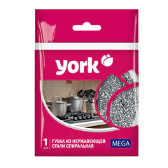 Губка (мочалка) металлическая, спиральная, 40 г, МЕГА, для посуды, гриля, плиты, YORK, 002030