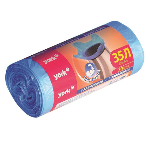Мешки для мусора с завязками 35л, синие, в рулоне 30шт, ПНД, 10мкм, YORK, 902160