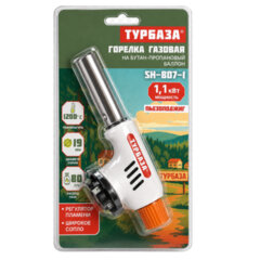 Горелка газовая на баллон, пьезоподжиг, регулятор пламени, широкое cопло 19 мм, ТУРБАЗА SH-807-1, 703911