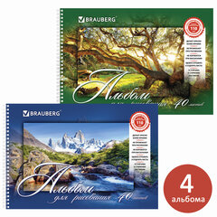 Альбомы для рисования ДЭК А4, 40 л., КОМПЛЕКТ 4 шт., гребень, обложка картон, BRAUBERG, 205&times;290 мм, &laquo;Природа&raquo; (2 вида), 880035