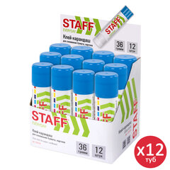 Клей-карандаш STAFF 36 г, КОМПЛЕКТ 12 штук, 880117.