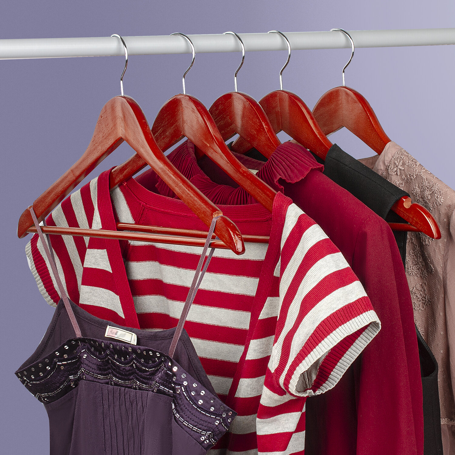 Вешалка-плечики КОМПЛЕКТ 5 шт., деревянные, перекладина, цвет вишня, 48-50, BRABIX "Стандарт", 880298