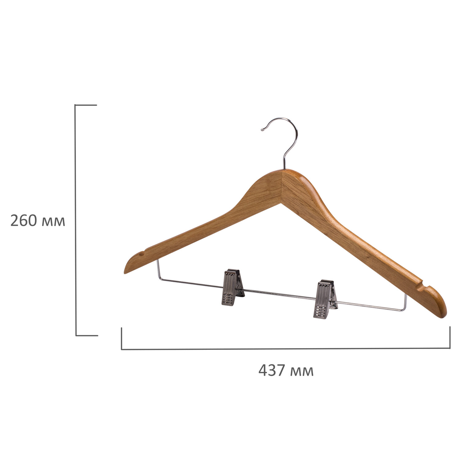 Вешалка-плечики КОМПЛЕКТ 3 шт., деревянные, клипсы для брюк, цвет сосна, 48-50, BRABIX "Стандарт", 880301