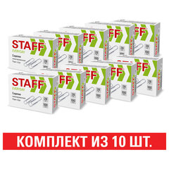 Скрепки 28 мм, КОМПЛЕКТ 10 пачек по 100 штук, никелированные, ВЫГОДНАЯ УПАКОВКА, STAFF, 880659