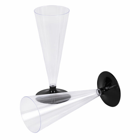 Бокал одноразовый 150 мл для шампанского, КОМПЛЕКТ 6 штук, "Конус", черная низкая ножка, WELDAY (ВЭЛДЭЙ), 881100 - фото 5