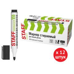 Маркер стираемый для белой доски ЧЕРНЫЙ, STAFF &laquo;MANAGER&raquo; WBM-300, 3 мм, с клипом, КОМПЛЕКТ 12 ШТУК, 881138