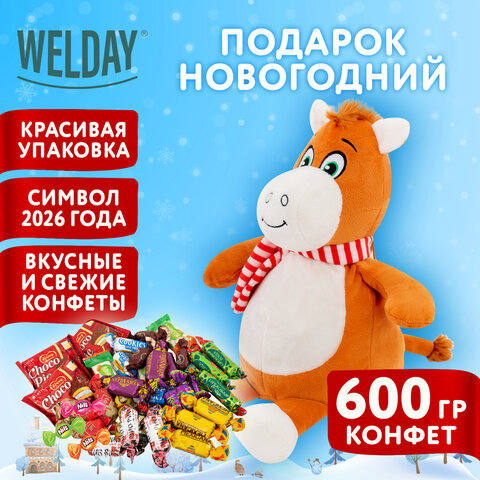 Подарок новогодний ВЕСЕЛЬЧАК В ШАРФЕ "Мягкая игрушка-символ 2026 года"НАБОР конфет600г,WELDAY,881184