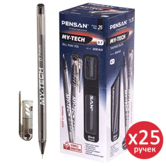 Ручка шариковая PENSAN &laquo;My-Tech&raquo;, КОМПЛЕКТ 25 ШТУК, ЧЕРНАЯ, игольчатый узел 0,7 мм, линия письма 0,35 мм, 881298